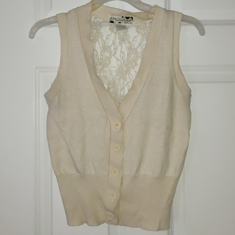 Smudge Lace Back Cream Cardigan Button Down Vest